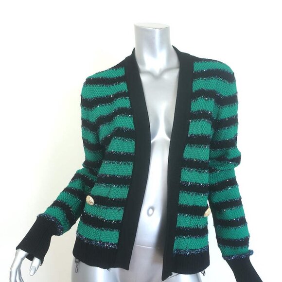 Balmain Sequin-Embellished Striped Distressed Knit Cardigan Green/Black Size 42 - Picture 2 of 9